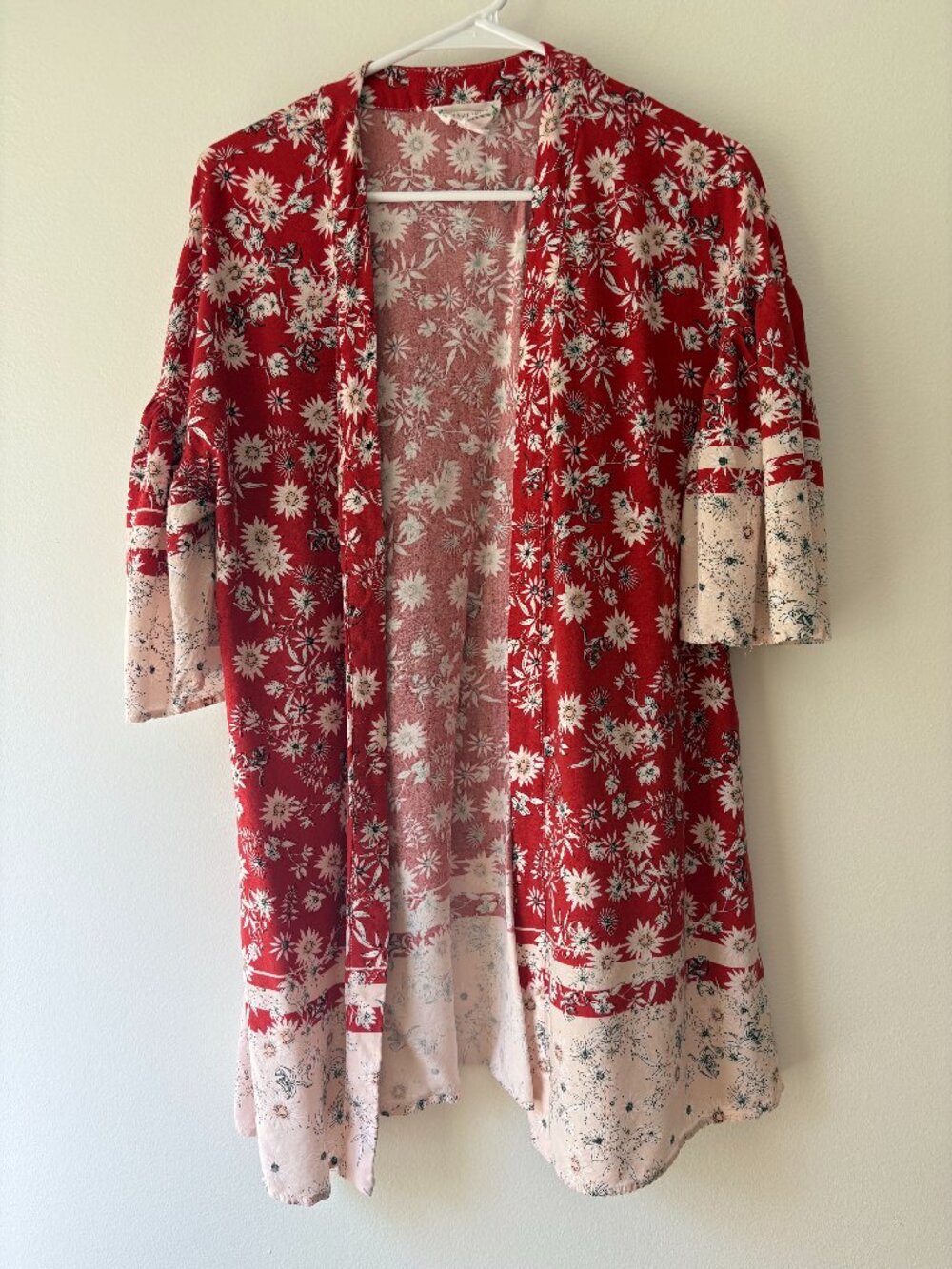 Loveriche Red Daisy Floral Open Front Boho Kimono Cardigan - Size S